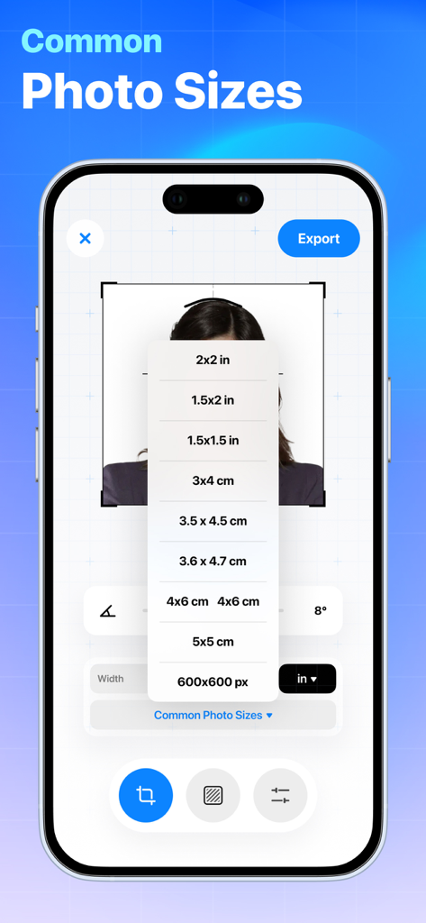 Passport Photo: ID Photo - Mobile app interface displaying a dropdown menu with common passport and ID photo sizes