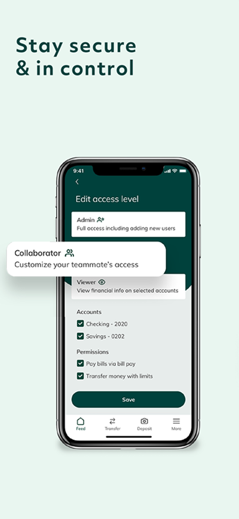 Grasshopper Bank Business - Mobile screen showing user access level and account permission settings in the Grasshopper Bank Business app.