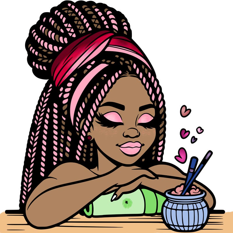 a black woman that looks realistic with braids tied in a bun having a self care day at the spa