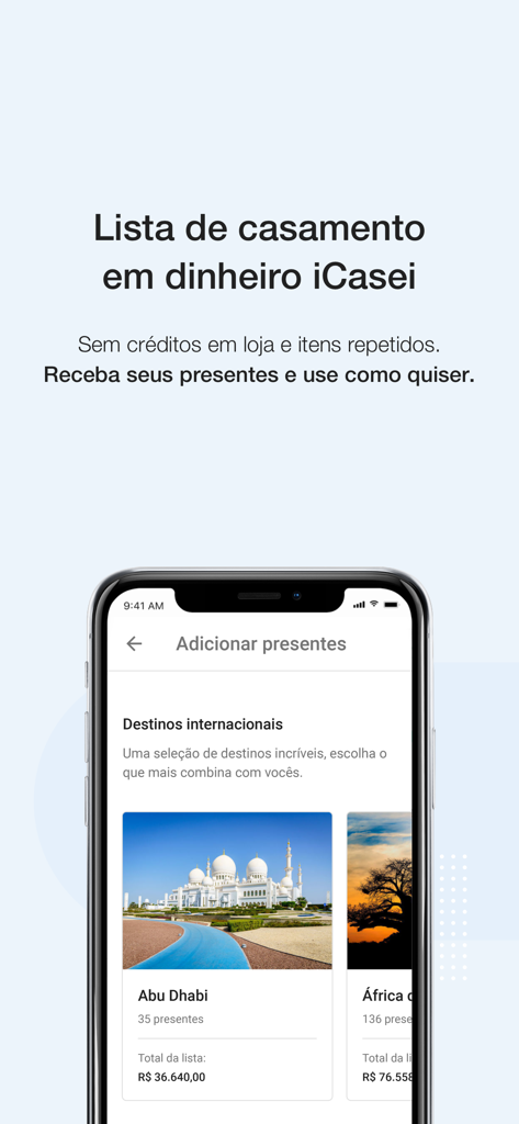 iCasei | Lista de Casamento - Interface do aplicativo iCasei mostrando uma lista de presentes de casamento em dinheiro com opções de destinos internacionais para lua de mel
