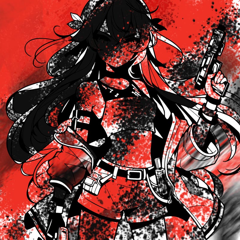 bad girl wearing crop top holding a gun long hair anime