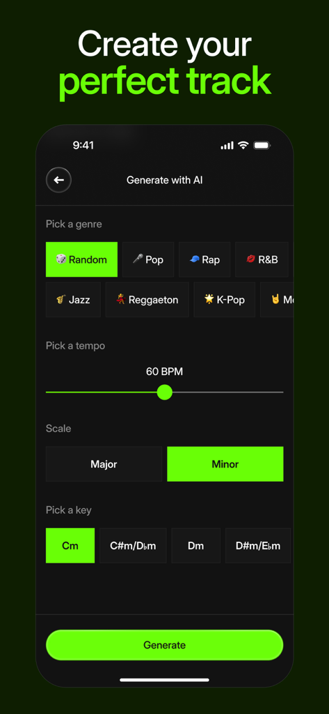 AI Backing Track Generator - AI Backing Track Generator interface showing settings for genre tempo scale and key