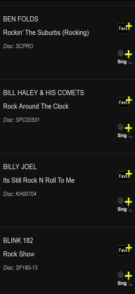SongbookDB app interface showing a list of karaoke songs with options to favorite and sing