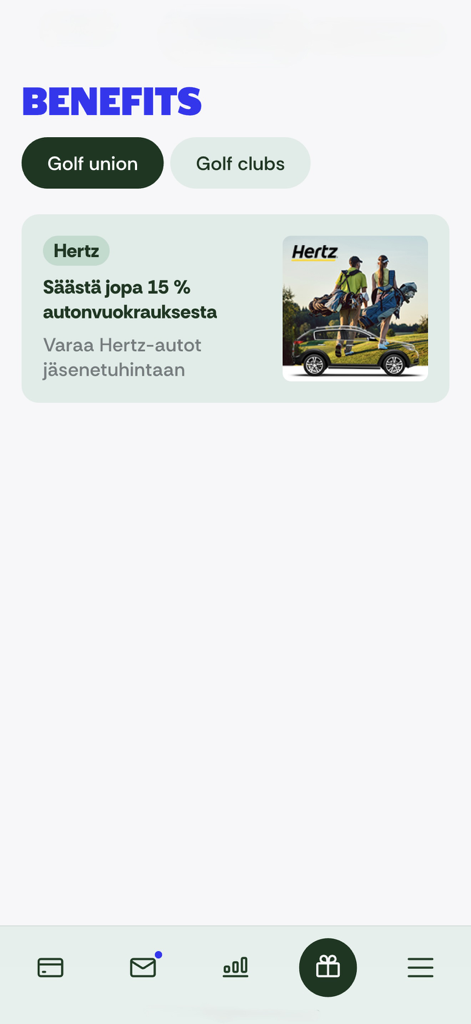 eBirdie - eBirdie app benefits screen showing a 15 percent car rental discount offer from Hertz for golf union members