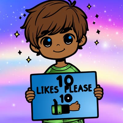 boy holding a sign saying 10 likes please