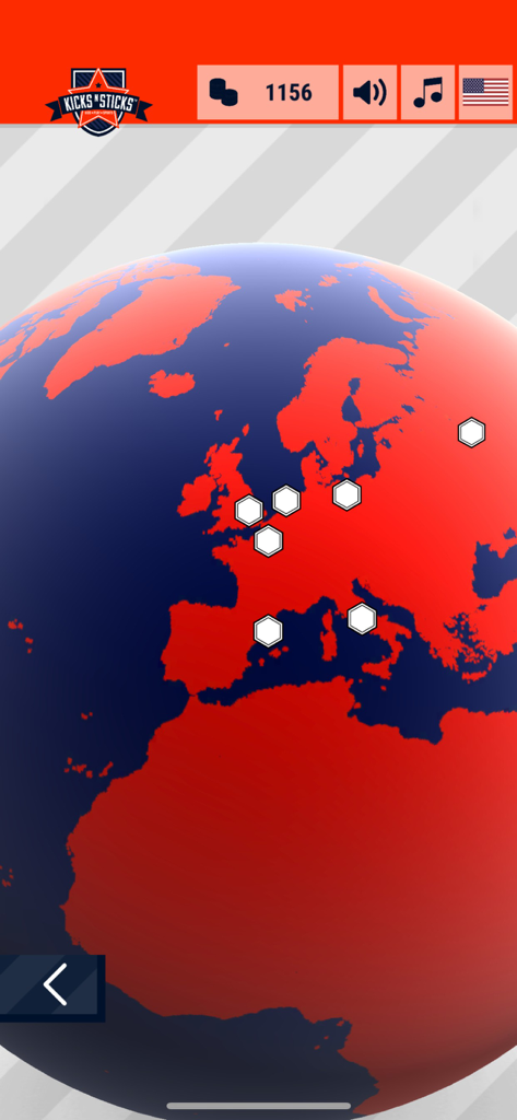Interfaz de mapa mundial en la aplicación Smart Ball Football que muestra la ubicación de los jugadores y marcadores de desafíos en Europa.