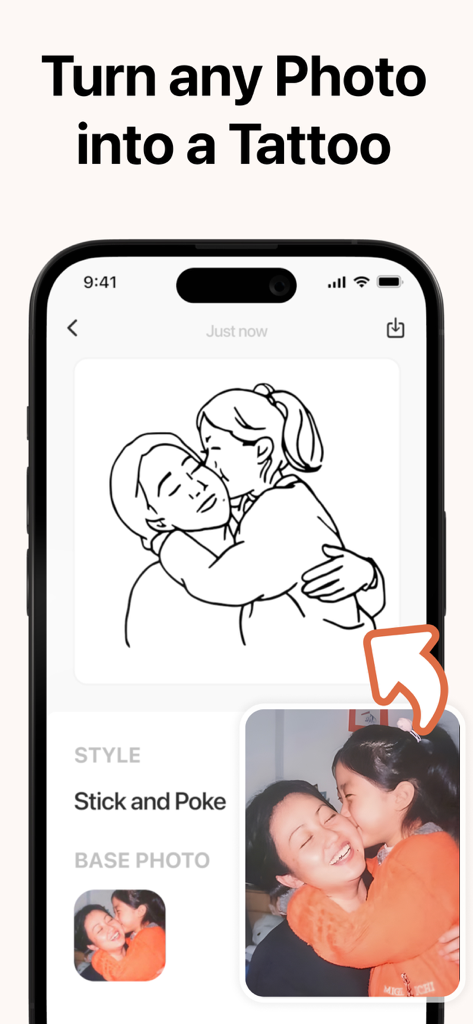 AIを使用して、スティックアンドポークスタイルのタトゥーデザインに写真を変換しているインターフェース