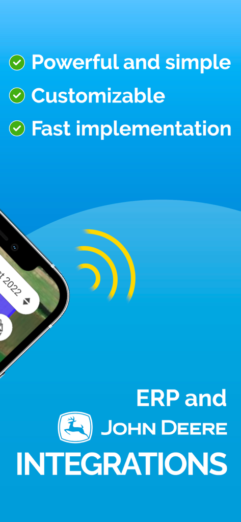 Agroptima - Aplicativo Agroptima mostrando integrações ERP e John Deere com recursos poderosos e personalizáveis de gestão agrícola.