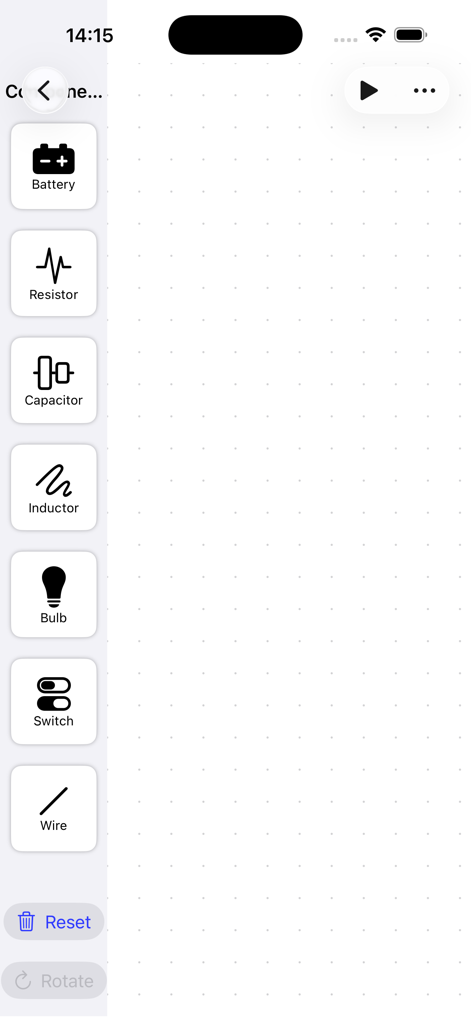 배터리 및 저항과 같은 전기 회로 구성 요소가 있는 사이드바가 있는 격자 작업 공간 옆에 표시되는 상호작용형 물리 시뮬레이터 앱 인터페이스.
