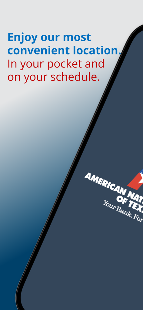 ANBTX Mobile Banking - Splash screen of ANBTX Mobile Banking app featuring the tagline Enjoy our most convenient location in your pocket