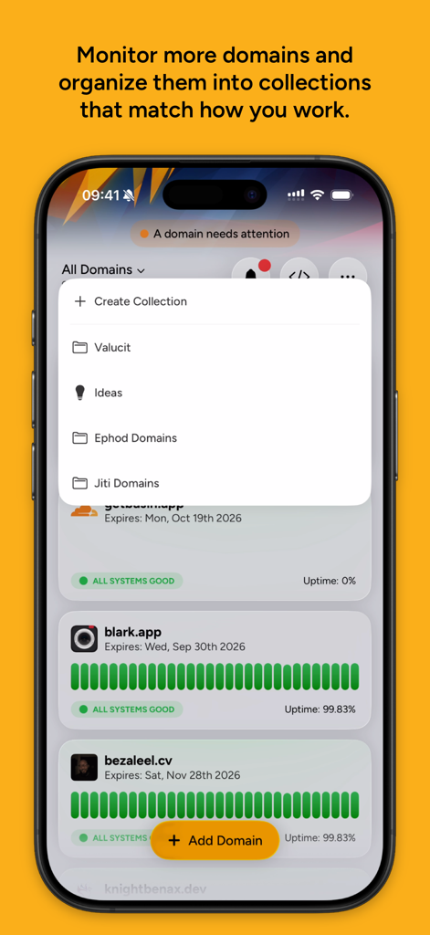 Plomer: Website Monitoring - Aplicación de monitorización de sitios web Plomer que muestra un panel para organizar dominios en colecciones personalizadas en iPhone.