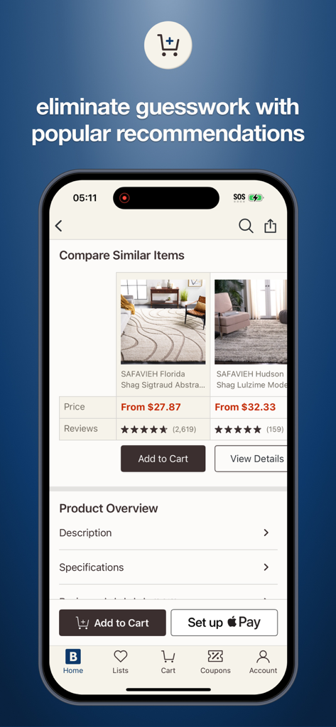 Bed Bath and Beyond app interface showing a comparison tool for two different area rugs including prices and customer ratings.