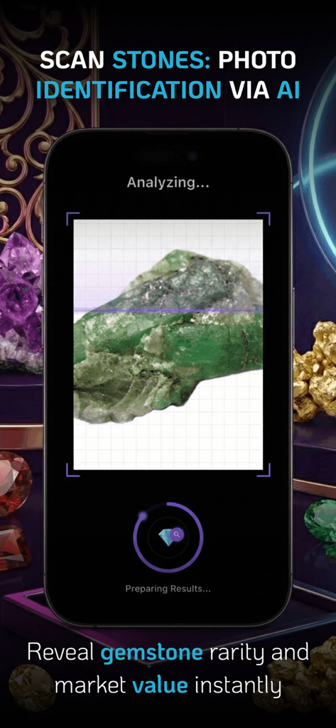 Escaneo de un mineral verde por la aplicación móvil Rockfy para identificación de rocas con IA y estimación de valor de mercado