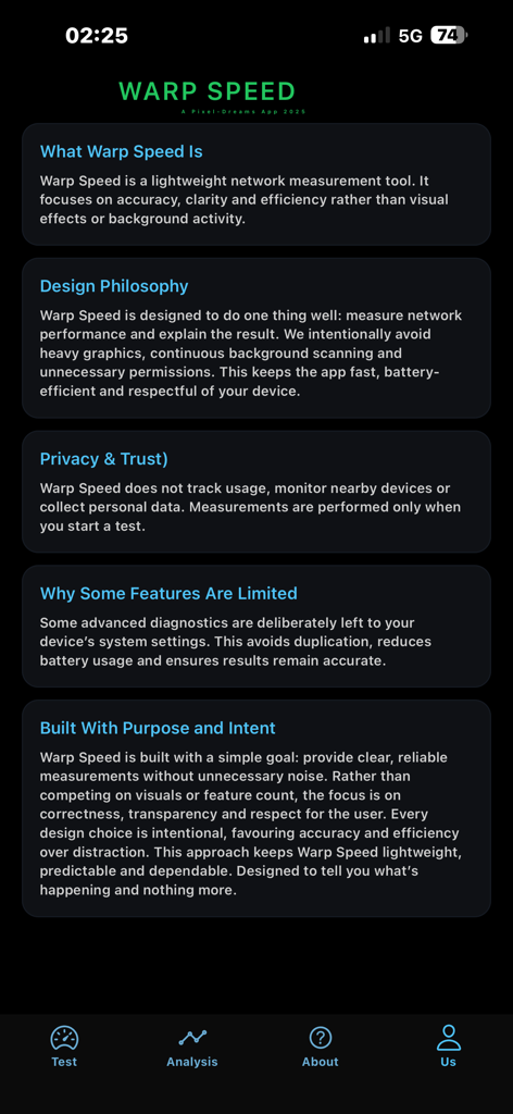 Información sobre la filosofía de diseño de la aplicación de prueba de velocidad de internet Warp Speed y sus funciones de privacidad