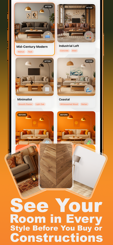 SnapDecor - Decor homestyler - Interface do aplicativo SnapDecor mostrando diferentes estilos de design de interiores e prévias de reformas de cômodos com IA