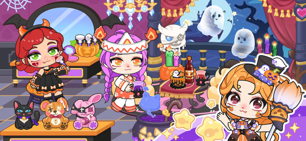 Personajes chibi vestidos con disfraces de Halloween en una misteriosa habitación decorada