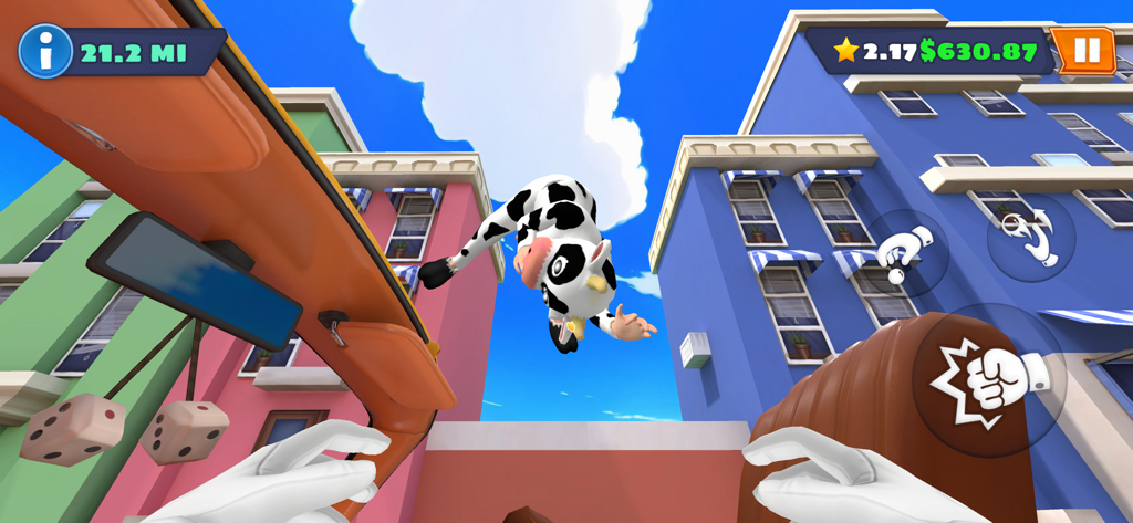 I Am Taxi Driver - Vue à la première personne depuis un taxi où un personnage déguisé en vache vole dans les airs à côté de bâtiments colorés