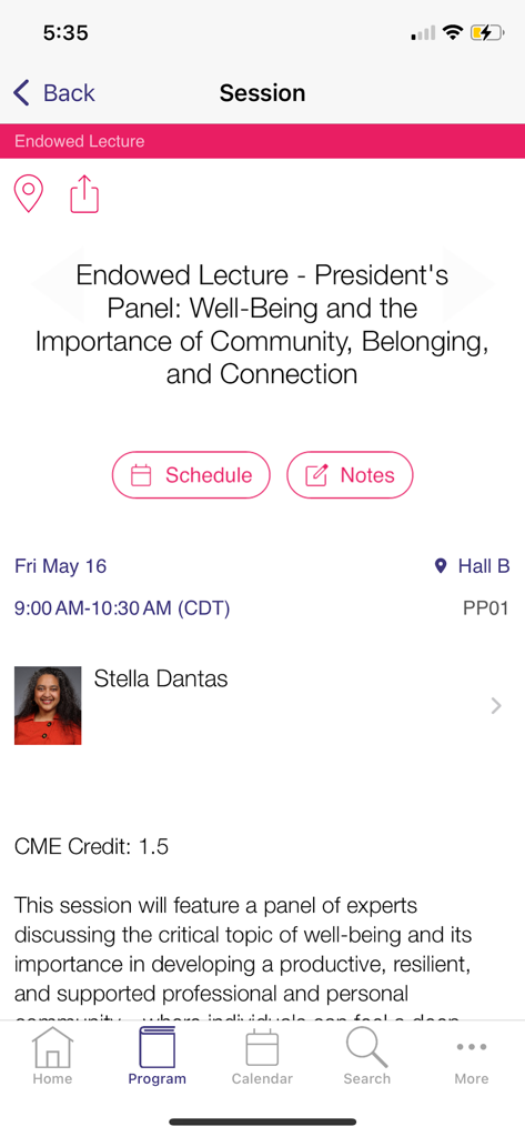 ACOG Events - Screen display of a specific conference session in the ACOG Events app showing lecture title speaker Stella Dantas and CME credits information
