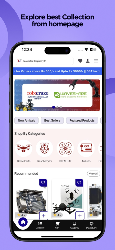 Robocraze - Robocraze mobile app homepage showing electronic component categories and product recommendations