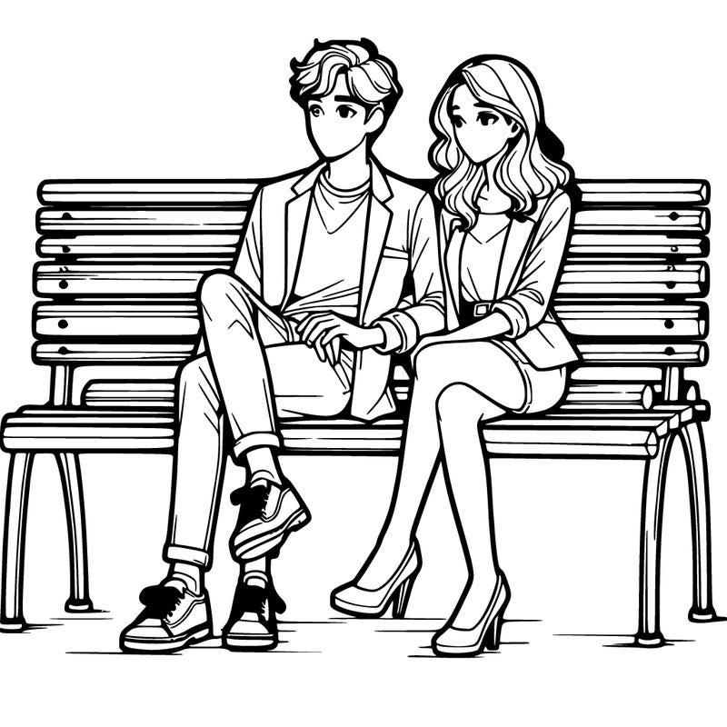realistic man and woman sitting on a park bench