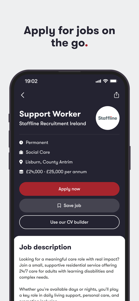 Staffline - Staffline mobile app displaying a Support Worker job vacancy with options to apply and use the AI CV builder.