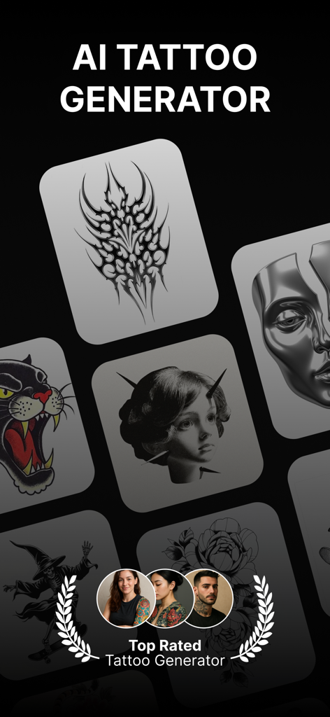 A gallery showcasing diverse tattoo designs generated by the TatsHub AI app.