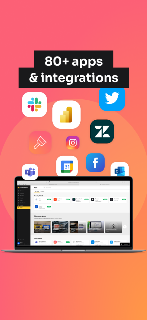 ScreenCloud Player - Laptop screen showing the ScreenCloud app dashboard with various integration icons including Slack and Twitter