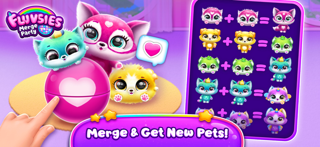 Fluvsies Merge Party - Lindas mascotas virtuales uniéndose para crear nuevos personajes en Fluvsies Merge Party.