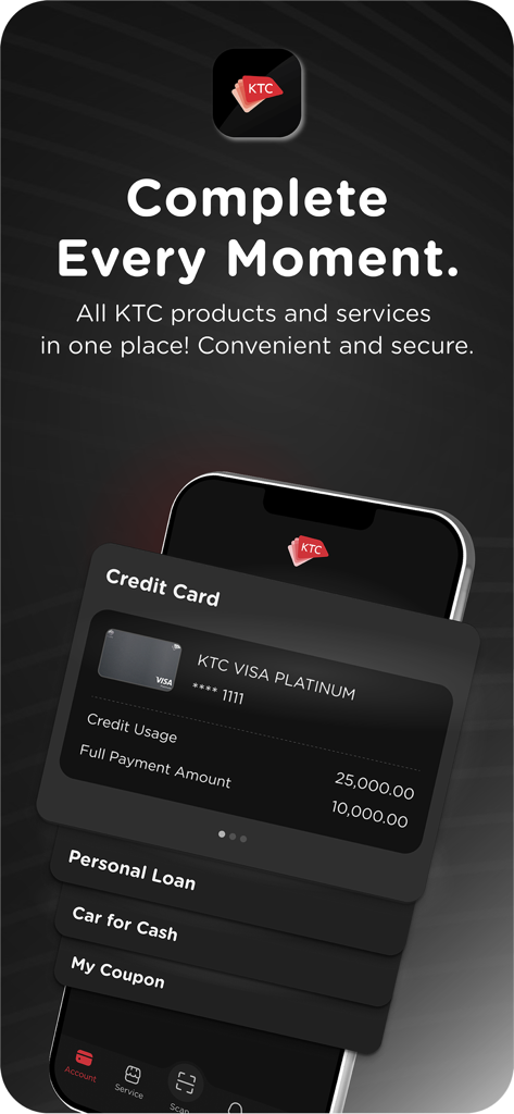 KTC Mobile - KTC Mobile app interface showing credit card details personal loan options and coupons on a smartphone screen