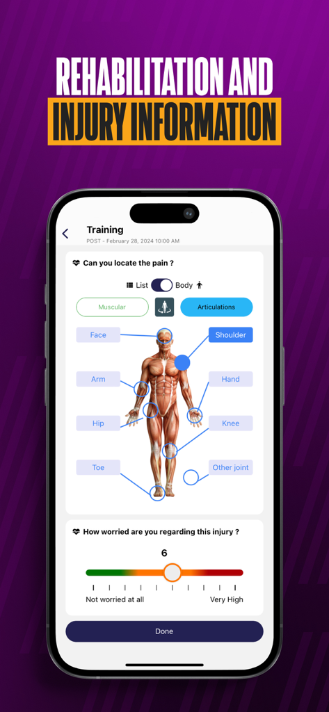 Opta Pro Hub - Mobile app interface showing a body map for players to locate pain and a slider to rate injury concern