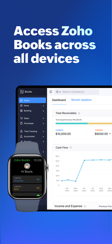 Accounting App - Zoho Books - Zoho Books dashboard displayed on an iPad and Apple Watch showing financial reports and unpaid invoices