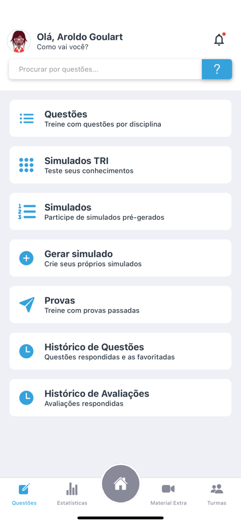 Estuda.com ENEM e Vestibular - The home dashboard of the Estuda.com app displaying study features like questions and simulations.