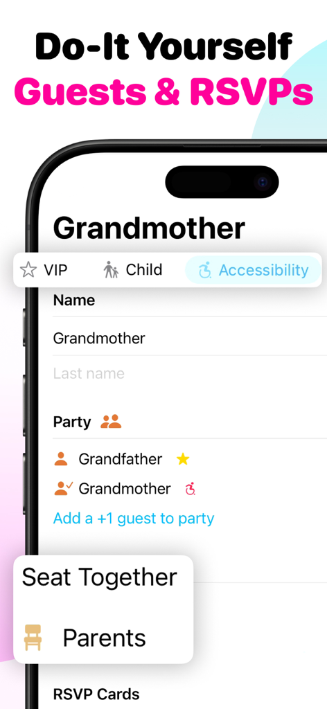 Wedding Seating Chart Planner - Mobile screen for managing wedding guests and RSVPs with seating tags
