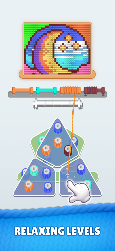 Yarnzle Stitch - Gameplay of Yarnzle Stitch showing a yarn color sorting puzzle and completed knitted moon art