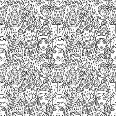 Embrace the festive season with this captivating seamless pattern coloring page, featuring a joyful array of people adorned in their best Christmas attire. Immerse yourself in a world of holiday cheer, perfect for stress relief and creative expression.