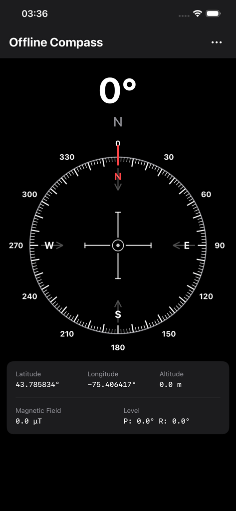 Offline Compass - A minimalist digital compass interface showing directional heading and GPS coordinates