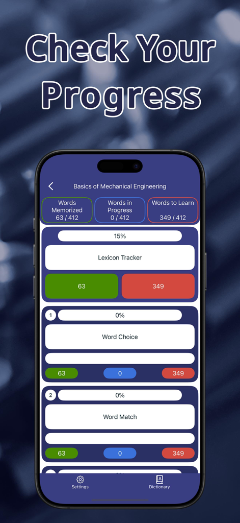 Mobiles Dashboard, das Fortschrittsstatistiken für das Erlernen von Fachvokabular im Maschinenbau mit Kategorien für auswendig gelernte Wörter und Lexikonverfolgung zeigt.