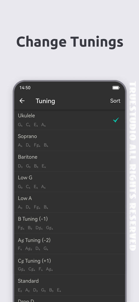 Ukulele Tuner - TrueStudio - Uno schermo del telefono che mostra diverse impostazioni di accordatura per ukulele, inclusi Soprano, Baritono e Sol Basso
