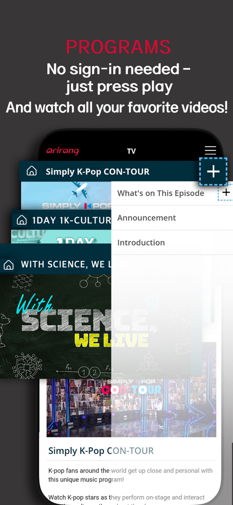 ArirangTV - The Programs screen of the ArirangTV app showcasing K-pop and cultural video content.