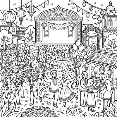 Dive into the joyful spirit of global gatherings with this intricate coloring page, bustling with scenes of parades, traditional dances, and festive marketplaces. Perfect for celebrating cultural diversity, it offers endless hours of creative fun for colorists of all ages.