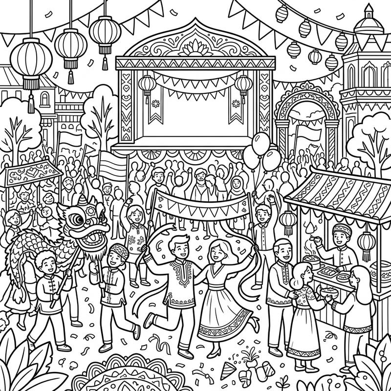 Dive into the joyful spirit of global gatherings with this intricate coloring page, bustling with scenes of parades, traditional dances, and festive marketplaces. Perfect for celebrating cultural diversity, it offers endless hours of creative fun for colorists of all ages.