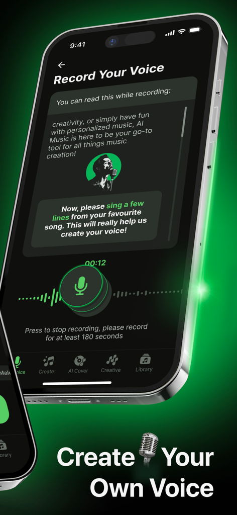 AIクローンと曲作成のためにユーザーの声を録音するプロセスを示すAI Musicアプリ画面。