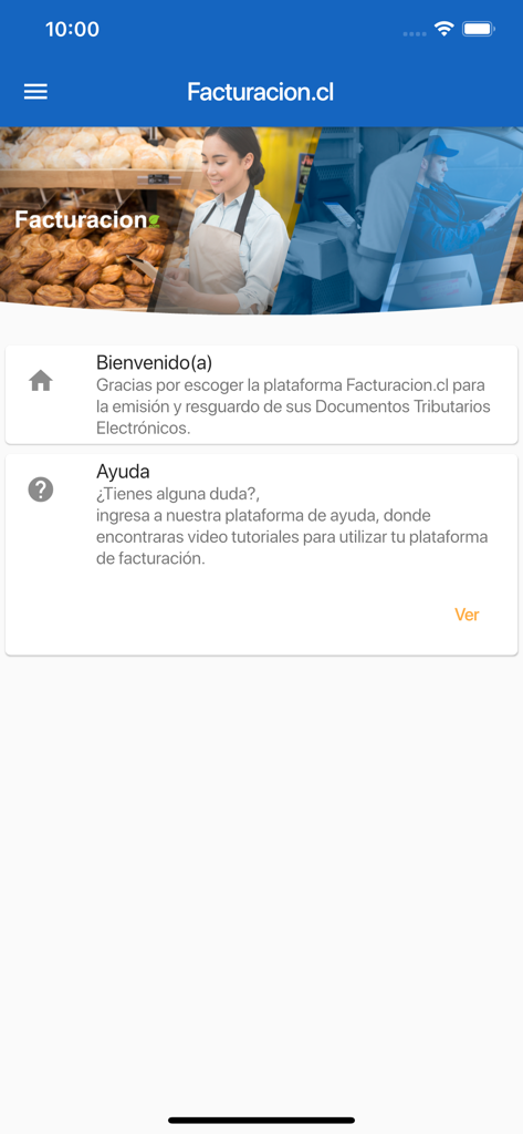Facturacion.cl - Pantalla de inicio de la aplicación Facturacion.cl con mensajes de bienvenida y ayuda.