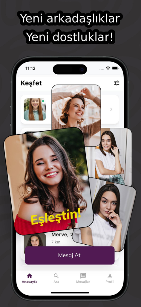Una pantalla de teléfono inteligente que muestra la interfaz de descubrimiento de la aplicación Kismet con coincidencias de perfiles de usuario y un botón para enviar mensajes.