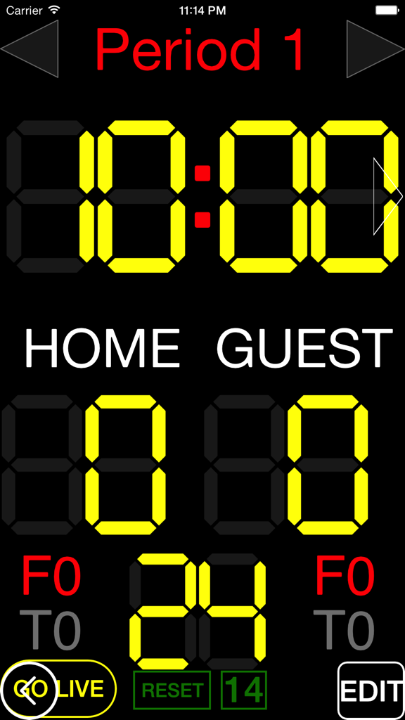 Interface digital do placar de basquete exibindo um cronômetro de jogo, pontos do período e um cronômetro de posse