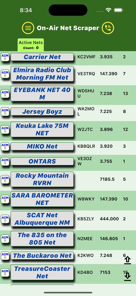 On-Air Net Scraper - List of active amateur radio nets showing callsigns and frequencies in the On-Air Net Scraper app