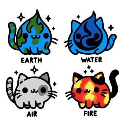 4 cats that represent the different elements, earth, water, air, and fire