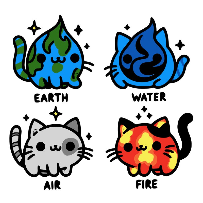 4 cats that represent the different elements, earth, water, air, and fire