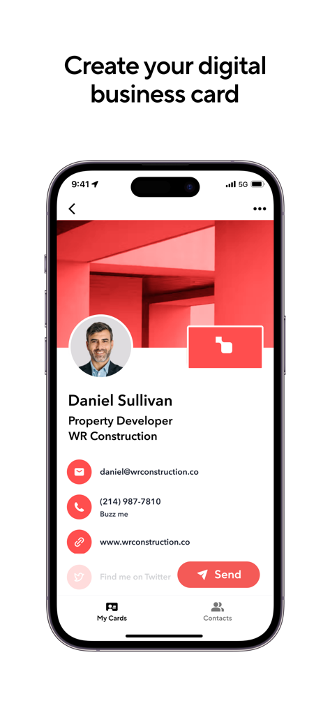 Blinq: Digital Business Card - Interfaccia dell'app Blinq che mostra un biglietto da visita digitale completo con dettagli di contatto professionali
