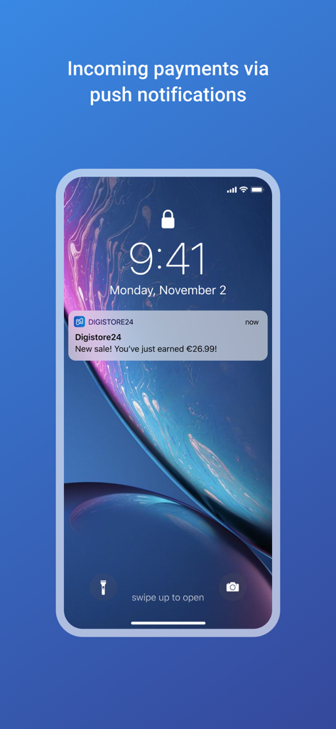 Digistore24 - 新しい売上と収益に関するDigistore24のプッシュ通知を表示するiPhoneの画面